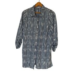 Pure Jill Tunic Women L Blue Ikat Stripe Cotton Roll-Tab Button Front Shirt